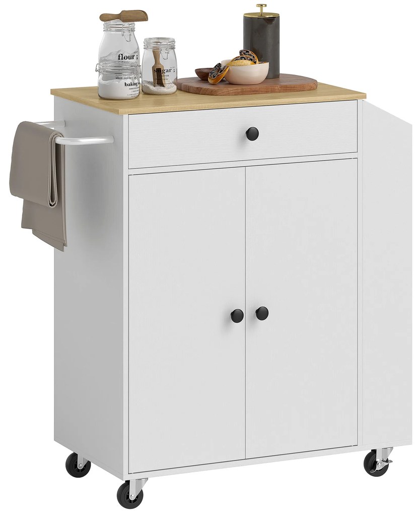 HOMCOM Cărucior de bucătărie cu sertar, dulap, raft pentru condimente, suport pentru prosoape,  82 x 38 x 86,5 cm, Alb/Stejar | Aosom Romania