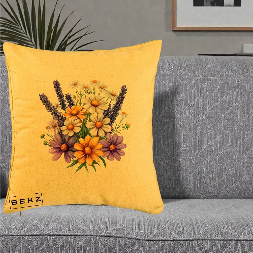 Perna Decorativa Lavanda Musetel si Flori Mov, 40x40 cm, Galben, Husa Detasabila, Perna Inclusa, BEKZ®
