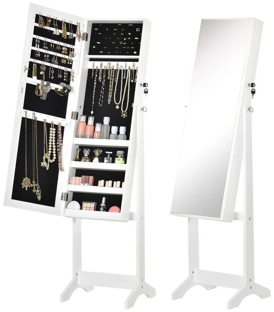 HOMCOM Dulap Bijuterii cu Oglinzi și Spații pentru Cercei Inele Coliere 46x36,5x151,5 cm Alb | Aosom Romania
