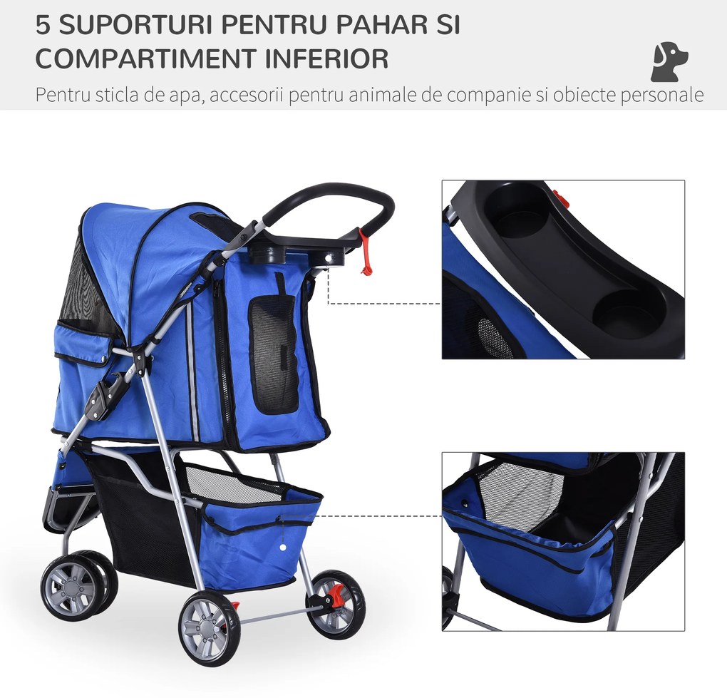 PawHut Cărucior Pliabil pentru Câini cu Roți, Coș de Depozitare și Căptușeală Detașabilă, 75x45x97 cm, Albastru | Aosom Romania