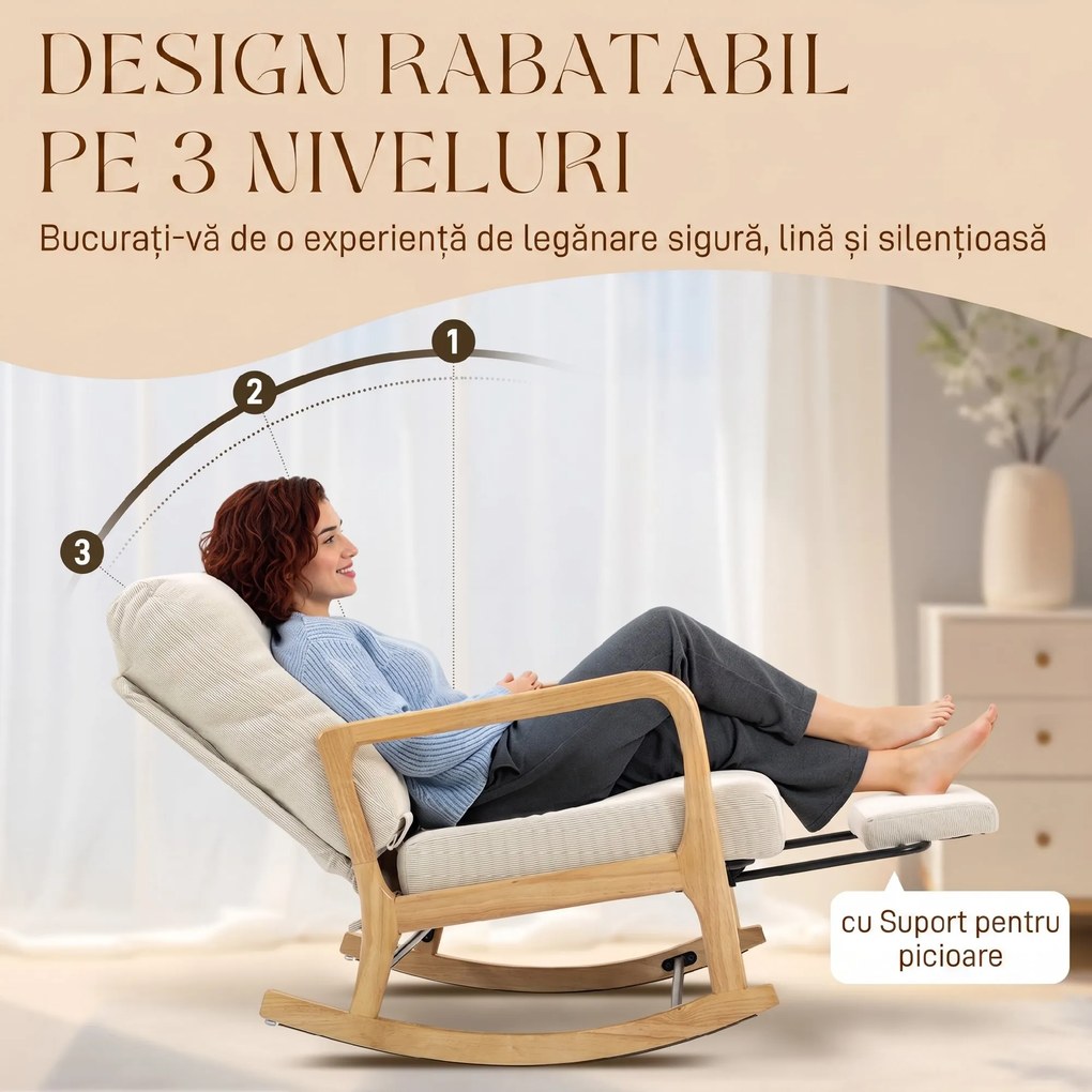 HOMCOM Balansoar din Catifea Fină cu Suport Picioare, Spătar Reclinabil, Stil Scandinav, Crem | Aosom Romania