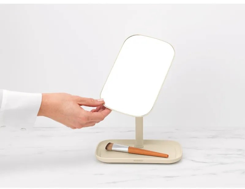 Oglinda cu suport pentru accesorii Brabantia ReNew 1006271, 28.3x20x12.6 cm, Baza antiderapanta, Reglabila la 360°, Bej