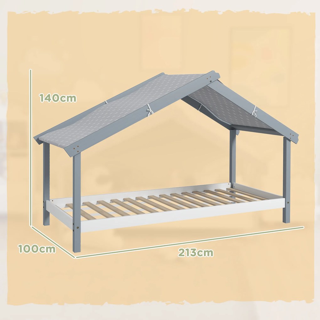 HOMCOM Pat Montessori pentru Copii în Formă de Căsuță cu Acoperiș Înstelat, Pat cu 15 Șipci, 213x100x140 cm, Gri | Aosom Romania