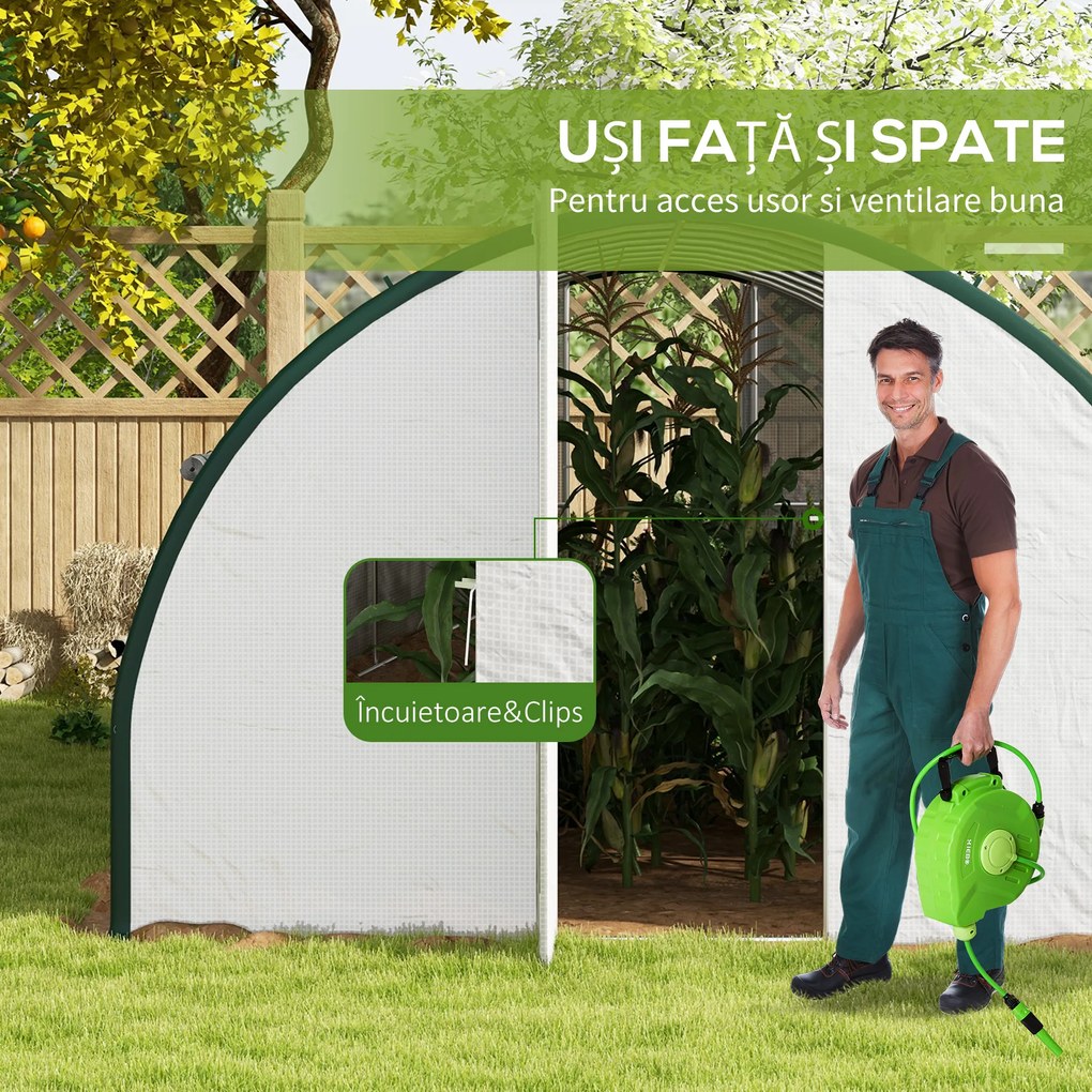 Outsunny Seră Tip Tunel cu 2 Uși, Fermoare și 8 Ferestre, 600x300x200 cm, Alb | Aosom Romania