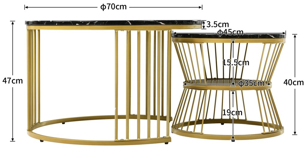 Set de 2 Măsuțe de Cafea Moderne, cu Blat cu Efect de Marmură și Cadru Metalic Auriu, Dimensiuni 70x70x47 cm și 45x45x40 cm, Negru