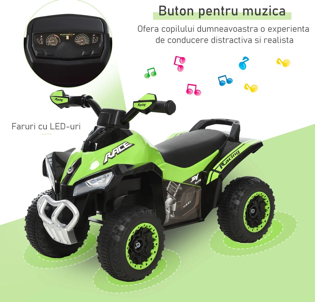 HOMCOM Mini ATV, Motocicletă pentru Copii 18-36 Luni cu Melodii Integrate și Ghidon Larg, 67,5x38x44 cm, Verde | Aosom Romania