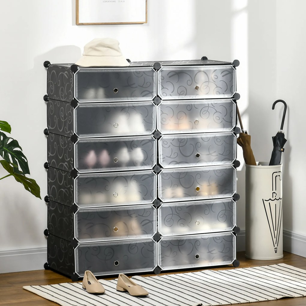HOMCOM Dulap pentru Încălțăminte Modular cu 12 Cuburi din PP și Oțel Design Versatil Negru și Alb pentru Hol sau Dormitor | Aosom Romania