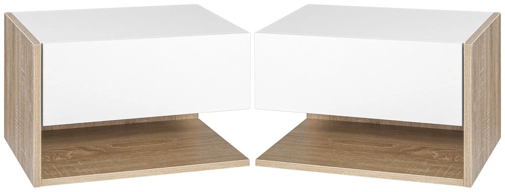 HOMCOM Set de 2 Noptiere murale - Set de 2 Noptiere - Sertar Glisant, Raft, Bicolor Aspect stejar Alb | Aosom Romania