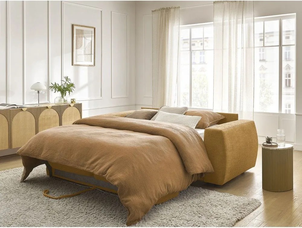 Canapea galben-muștar pentru dormitul zilnic/extensibilă cu tapițerie din chenille 240 cm Hugo – Bobochic Paris