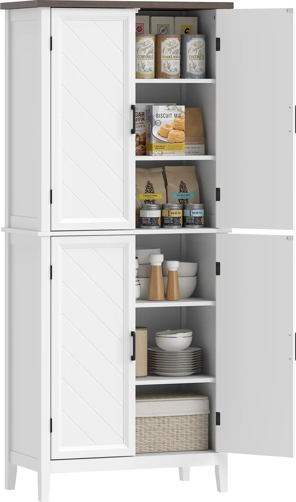 HOMCOM Bufet înalt bucătărie 6 nivele, dulap de bucătărie, 4 uși cu model chevron și 4 rafturi reglabile, 76x40x178,5cm, alb | Aosom Romania