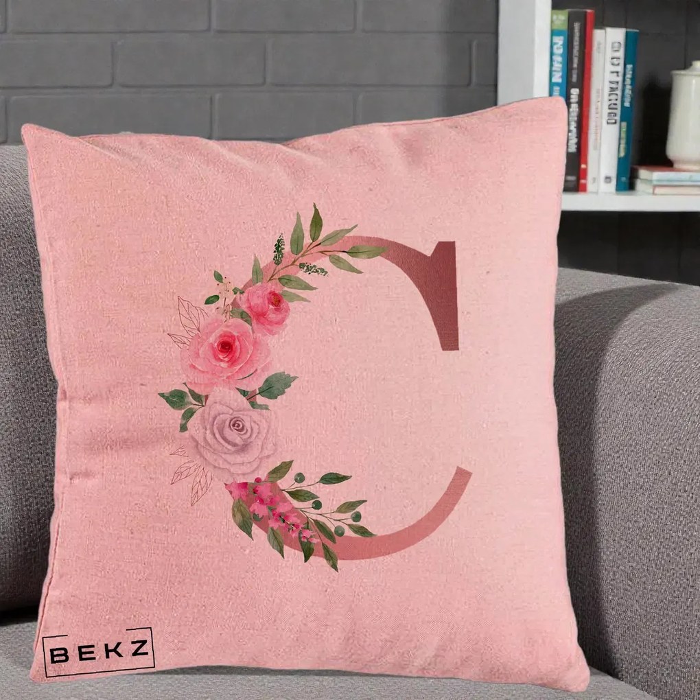 Cadou Personalizat - Perna Personalizata Monograma Rose Gold Litera C, 40x40 cm, Roz, Husa Detasabila, Perna Inclusa, BEKZ®
