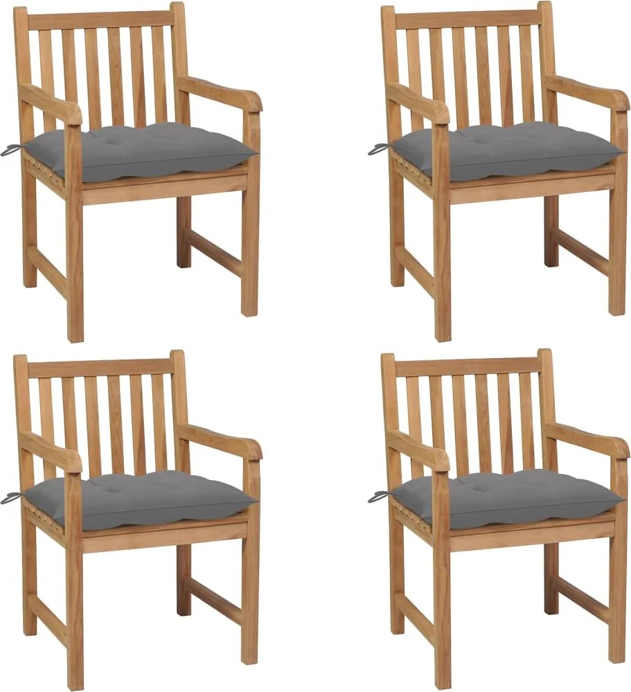 vidaXL Scaune de grădină cu perne gri, 4 buc., lemn masiv de tec
