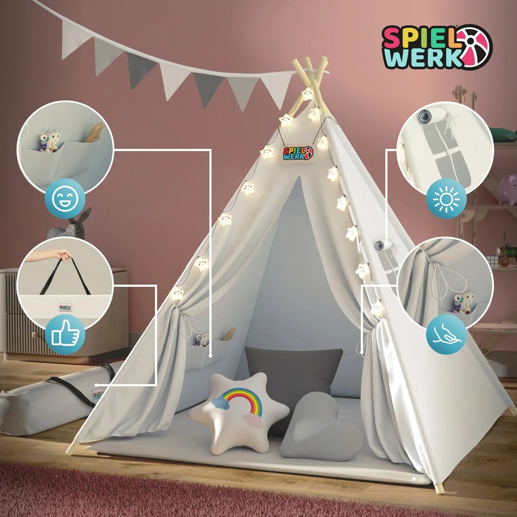 Cort tip teepee pentru copii JULIUS, 120x120x160cm, alb/gri Jurhan