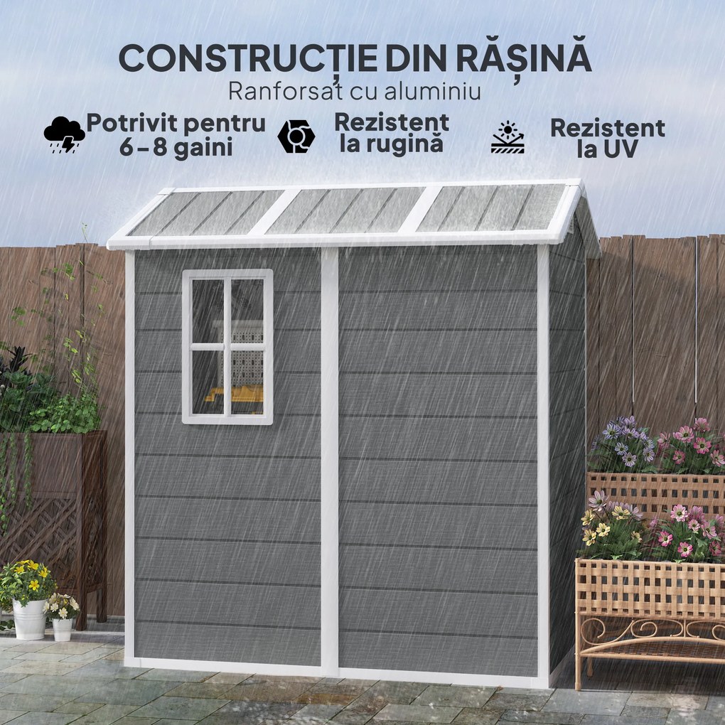 Outsunny Șopron de Grădină din PP cu Podea, Ușă cu Încuietoare și Acoperiș Înclinat, 131x186x198 cm, Gri | Aosom Romania