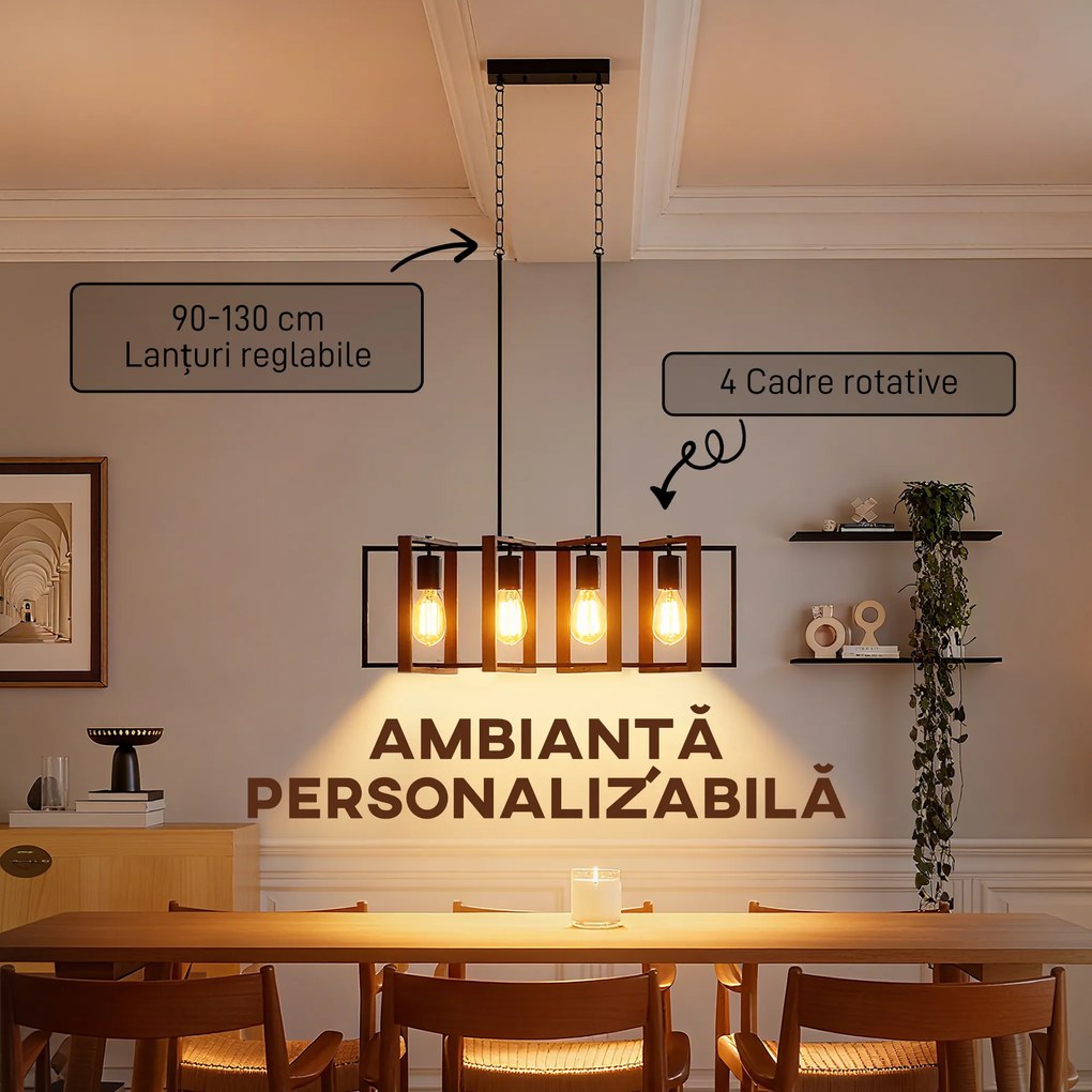 HOMCOM Candelabru Suspendat Rustic cu 4 Cadre Rotative și Lanț Regulabil, 80x21x90-130 cm, Negru și Nuc | Aosom Romania
