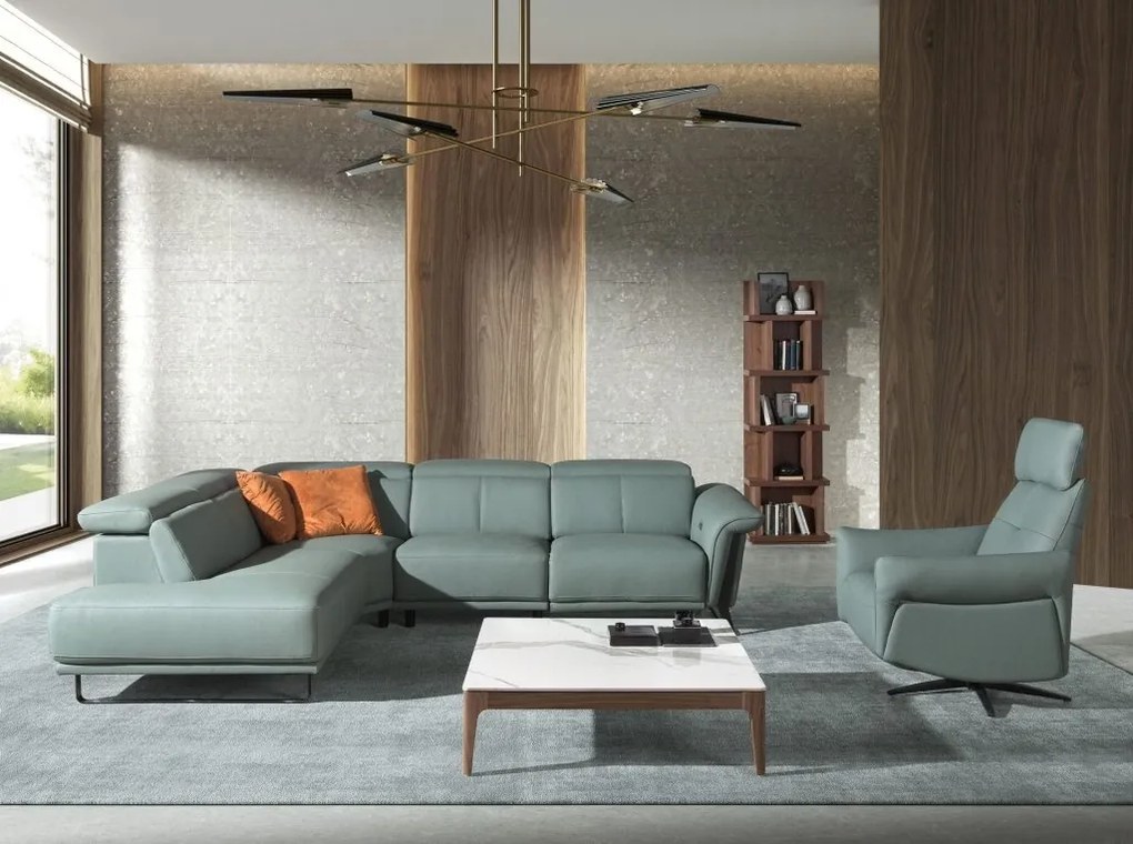 Coltar LUX design italian cu sezlong stanga si functia relax Cowhide verde turcoaz