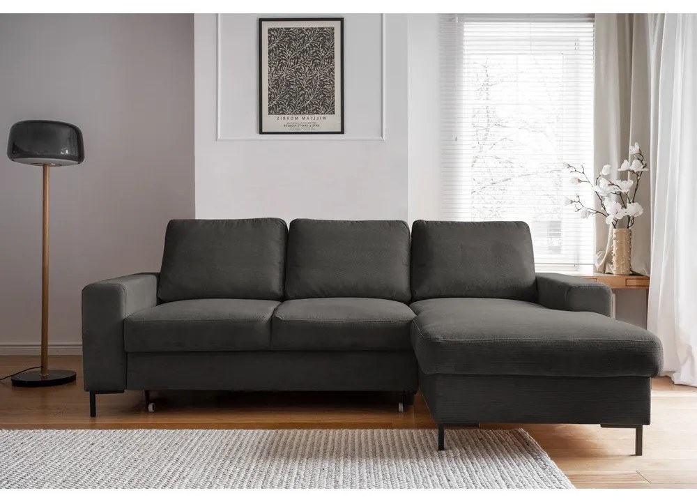 Colțar gri închis extensibil cu tapițerie din catifea reiată (cu colț pe partea dreaptă) Lofty Lilly – Miuform