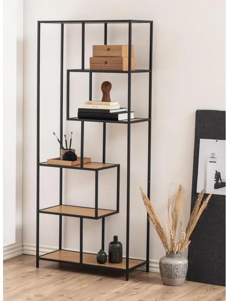 Bibliotecă neagră/cu aspect de lemn de stejar 77x185 cm Seaford – Actona