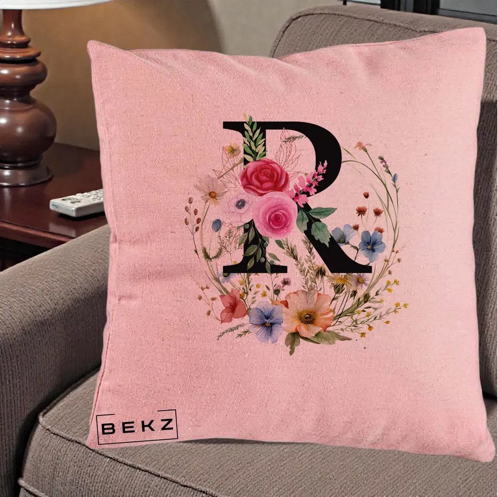 Cadou Personalizat - Perna Personalizata Monogram Litera R cu Flori Acuarela, 40x40 cm, Roz, Husa Detasabila, Perna Inclusa, BEKZ®