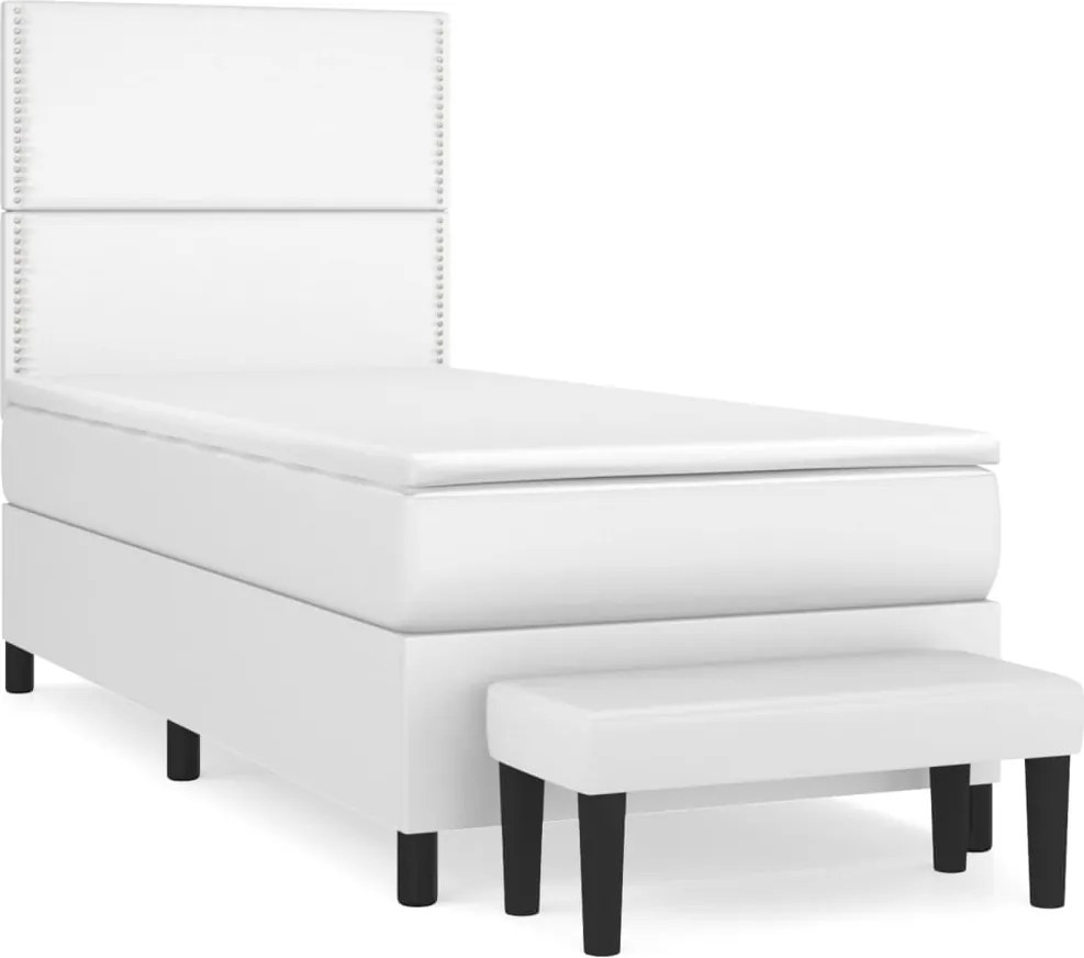 vidaXL Pat box spring cu saltea, alb, 100x200 cm, piele ecologică