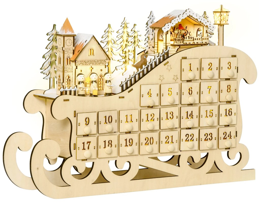 Calendar Advent din Lemn in Forma de Sanie cu 24 de Sertare de Umplut, Decoratiuni si Lumini 45x10x31cm HOMCOM | Aosom RO