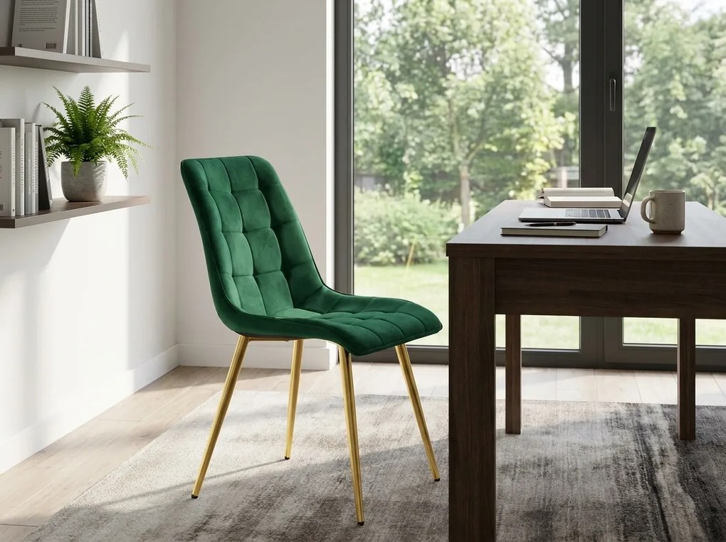 Scaun de dining SPLIT VELVET cu picioare aurii, verde