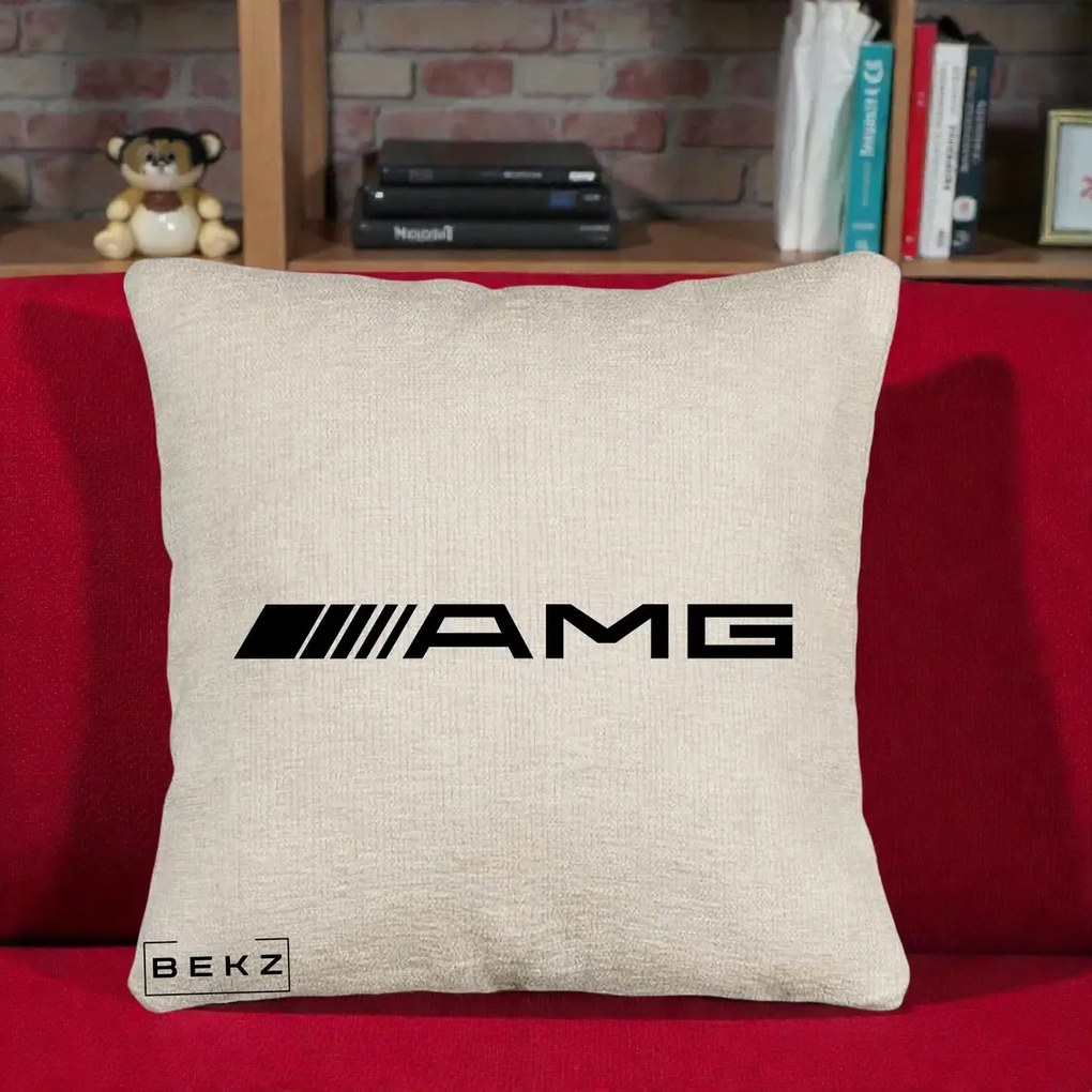 Perna Personalizata cu emblema Mercedes-AMG, 40x40 cm, Bej Canapea, Husa Detasabila, Perna Inclusa, BEKZ®
