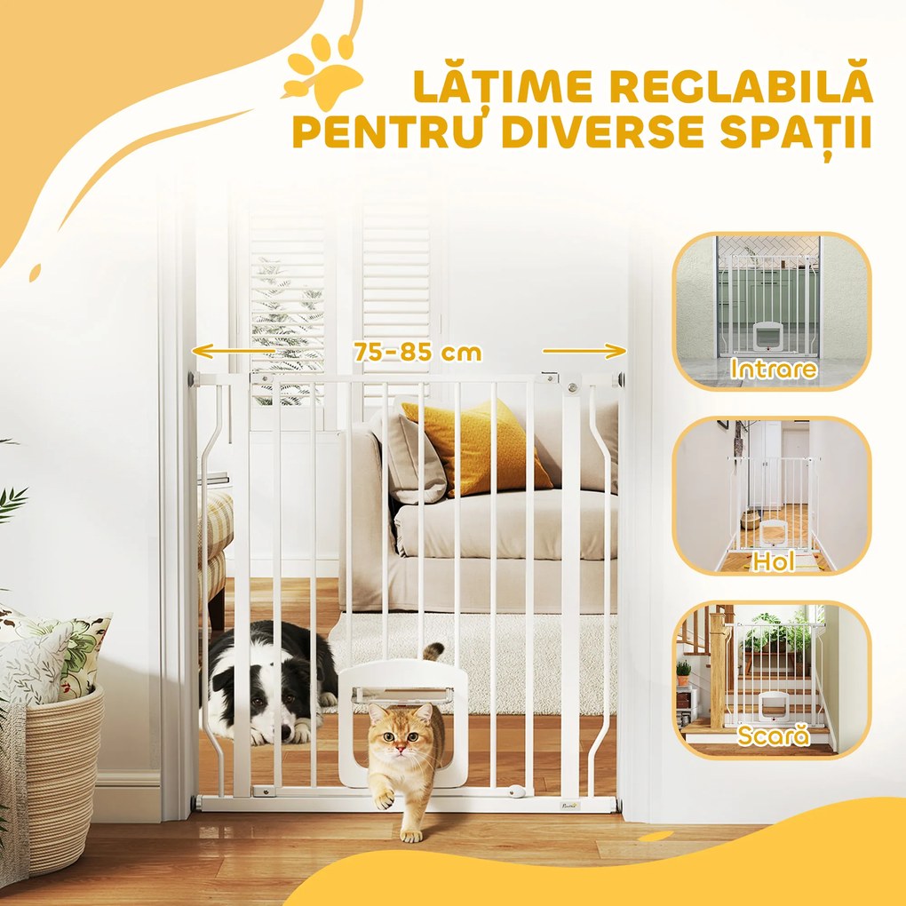 PawHut Poartă pentru Câini și Pisici Extensibilă cu Ușă Integrată, Poartă din Oțel și ABS, 75-85x2x76 cm, Alb | Aosom Romania