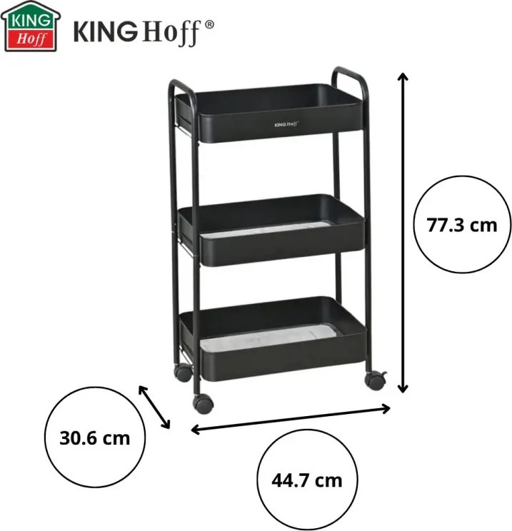 Kinghoff KH 1941 raft mobil, 3 niveluri, 4 roți pivotante 360 grade, negru
