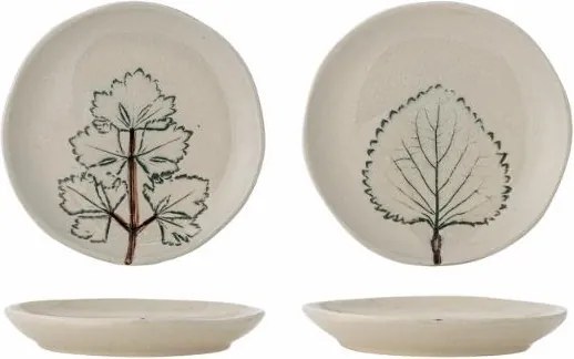 Set 2 farfurii din ceramică artizanală natur cu finisaj antichizat și motive botanice cu frunze, 10,5×1,5 cm, "Aubrin"
