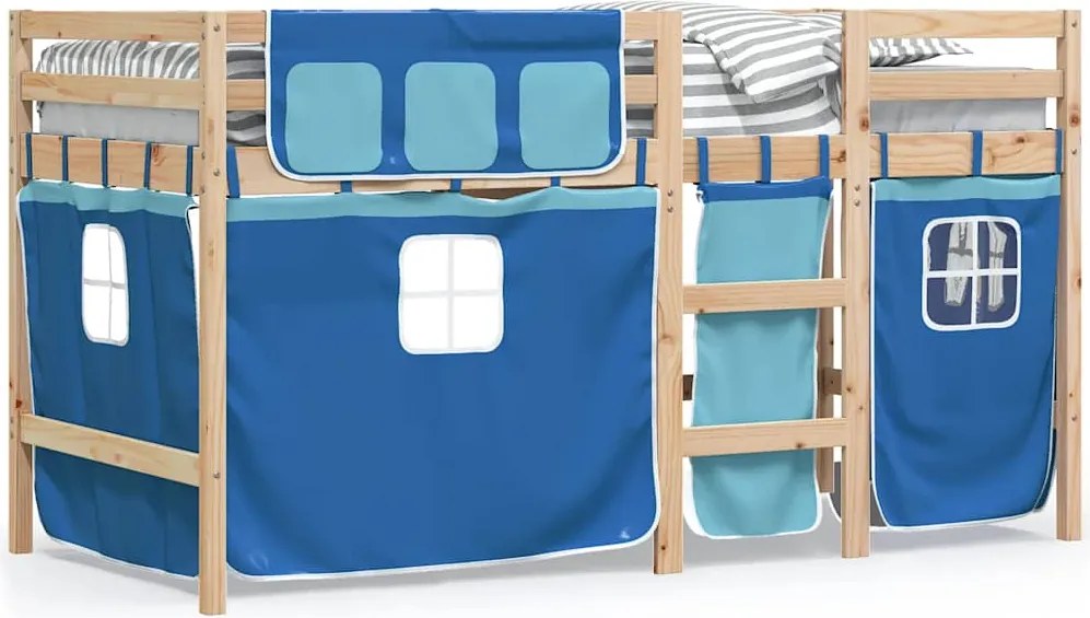 vidaXL Pat etajat de copii cu perdele, blå, 90x190 cm, lemn masiv pin