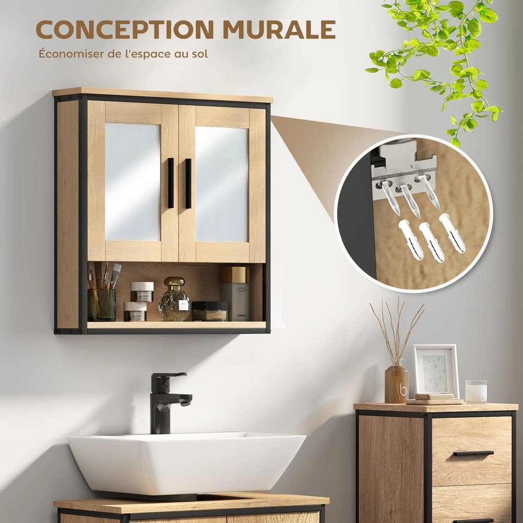 HOMCOM Dulap cu oglindă pentru baie, mobilier baie cu compartiment deschis și raft reglabil, stejar | Aosom Romania