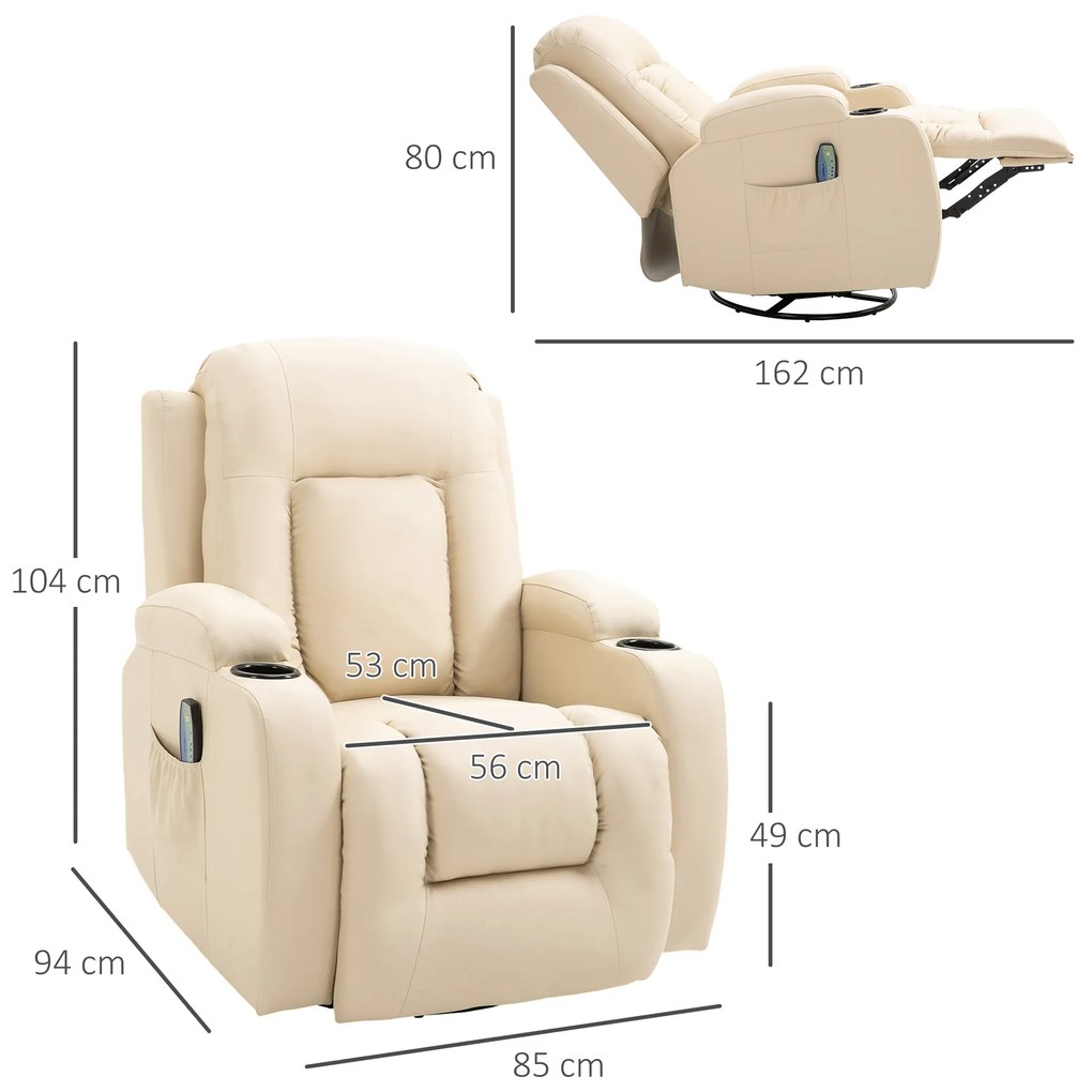Fotoliu Relax pentru Masaj HOMCOM, Rabatabil, Imitatie de Piele Bej, 8 Puncte de Masaj, 85x94x104cm | Aosom RO