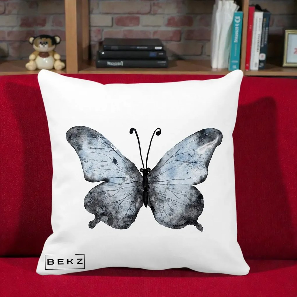 Perna Decorativa Fluture Acuarela Albastru-Gri, 40x40 cm, Alba Mata, Husa Detasabila, Perna Inclusa, BEKZ®