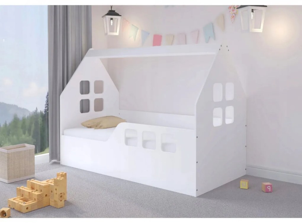 Pat tip casuta pentru copii NOVOKIDS™ Magic White House, 160x80 CM, Pal 18 mm, Margini anti-lovire, Protectie Laterala cu montare universala, Alb