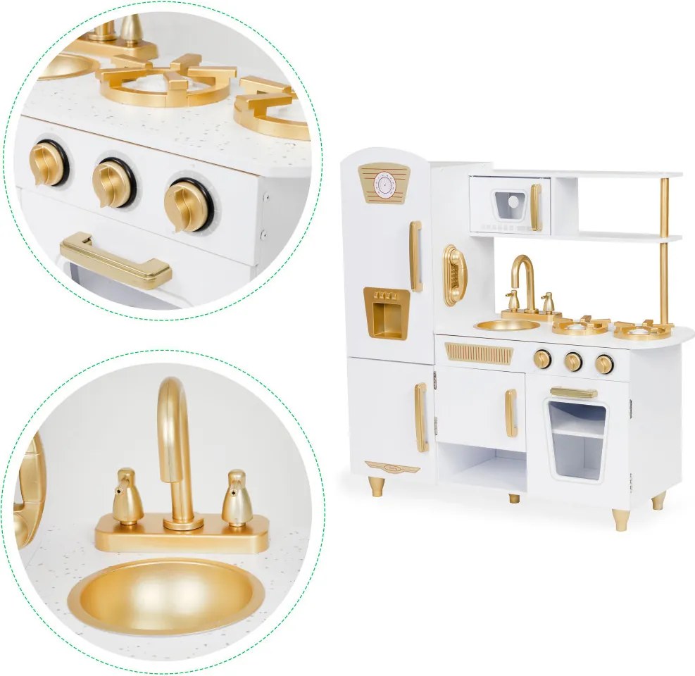 Bucătărie din lemn pentru copii în alb și auriu