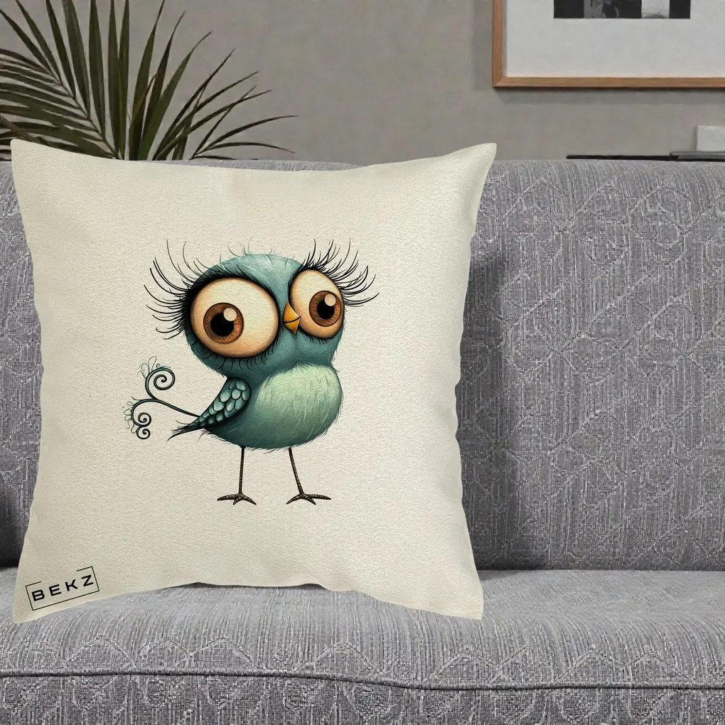 Perna Decorativa Pasare Teal cu Gene si Coada Spiralata, 40x40 cm, Ecru, Husa Detasabila, Perna Inclusa, BEKZ®