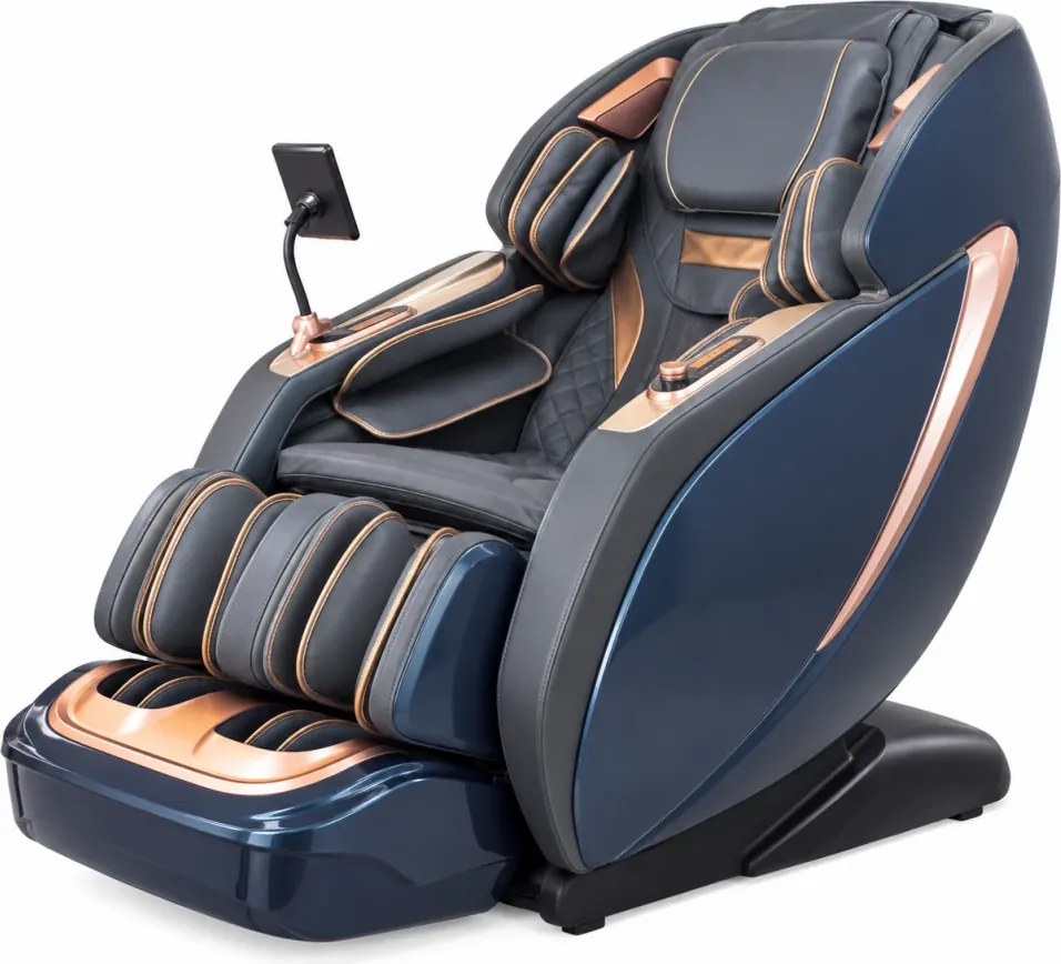 Fotoliu de masaj MAXIMUS, AI voce, Incalzire, Bluetooth, Display, Ecran tactil, Controler rapid cotiera, Zero Gravity, 2 Boxe, Moduri Automate, Suport Picioare extensibil, Piele Ecologica Premium, Albastru
