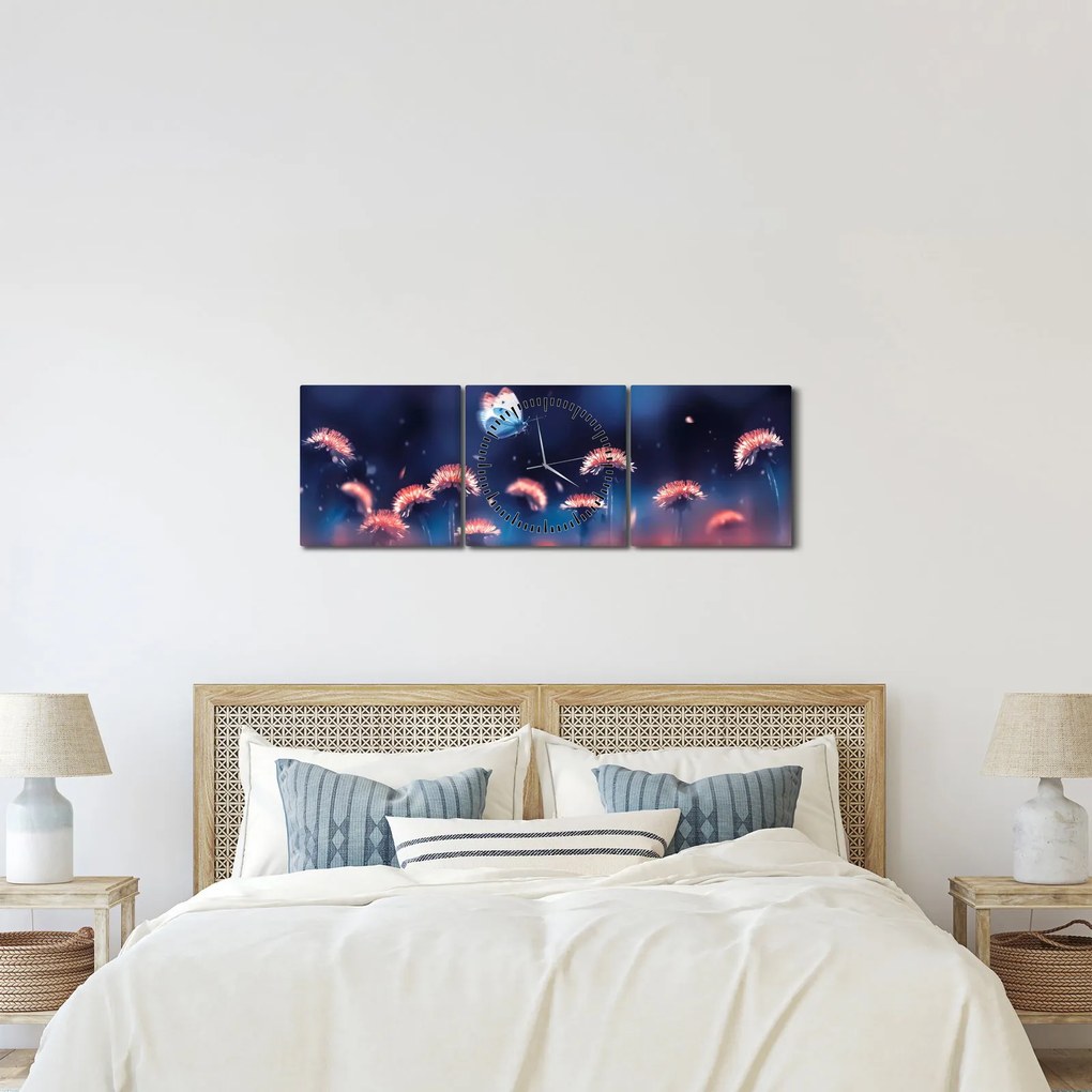 Tablou cu păpădii cu fluture albastru (cu ceas) (90x30 cm)