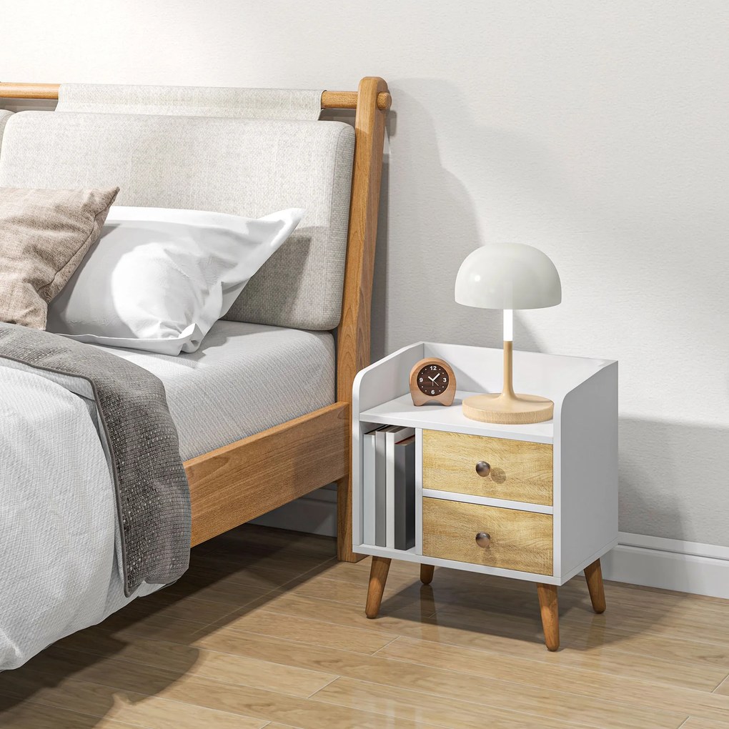 HOMCOM Noptieră cu 2 sertare mari, 1 raft deschis și picioare înalte din pin, design nordic, 43x30x49 cm | Aosom Romania