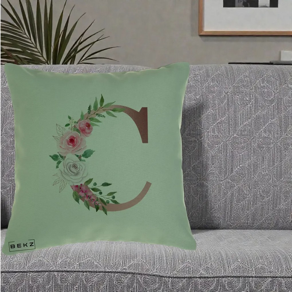 Cadou Personalizat - Perna Personalizata Monograma Rose Gold Litera C, 40x40 cm, Verde, Husa Detasabila, Perna Inclusa, BEKZ®