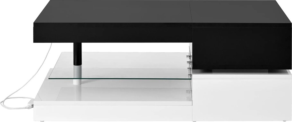 Masă de cafea cu iluminare ambientală LED, poliță din sticlă &amp; finisaj lucios, 90x45x35,5 cm, Negru+Alb