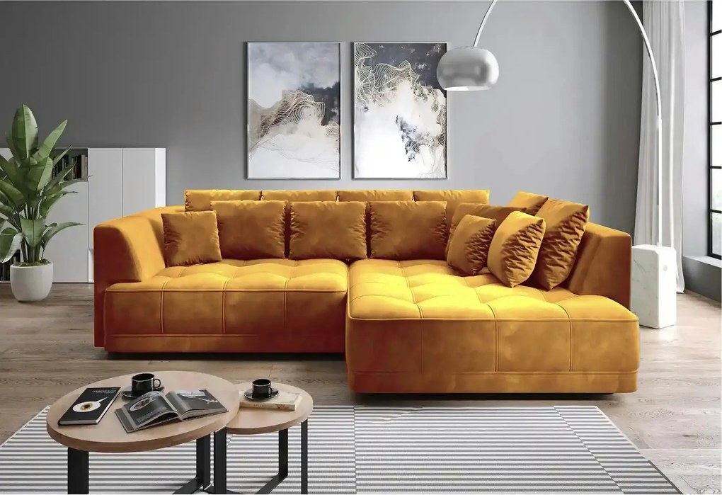 Coltar de living TIGA, sezlong dreapta, stofa clasica galben mustar -