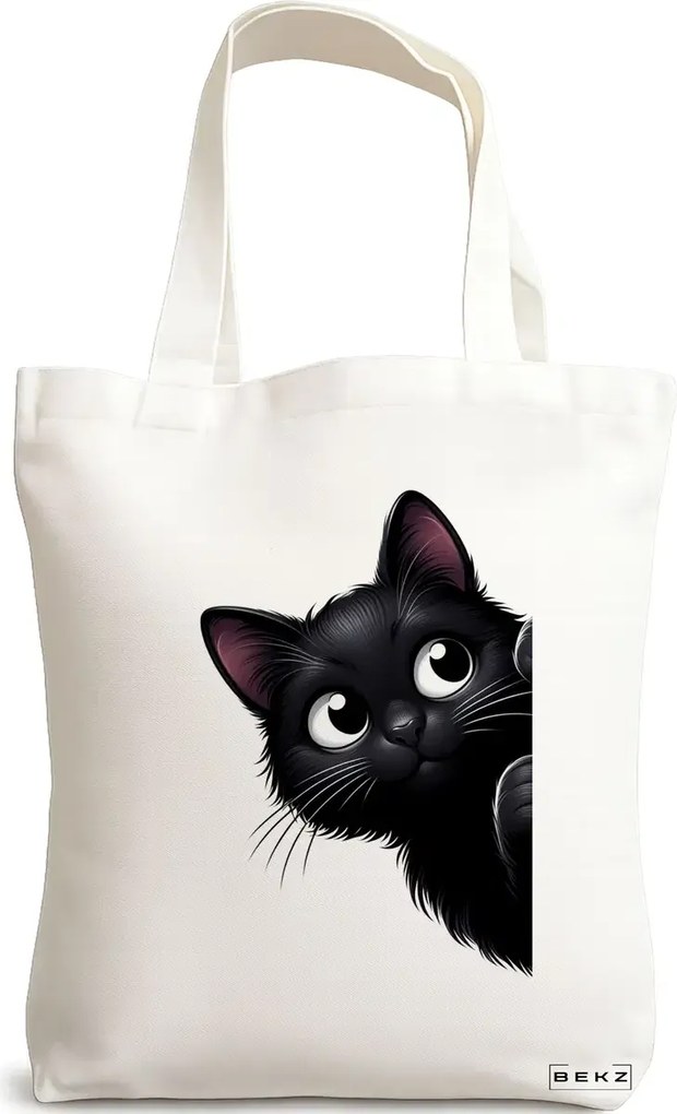 Sacosa de Panza pentru Cumparaturi, Geanta Tote, model The Curious Cat, 38 x 34.5 cm, Alba, BEKZ®