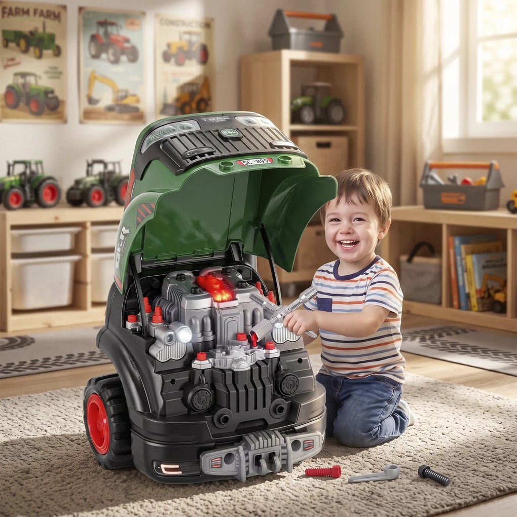 AIYAPLAY Atelier Camion Jucărie pentru Copii cu Motor, 60 Accesorii, Lumini și Sunete, 42x42x47 cm, Verde | Aosom Romania