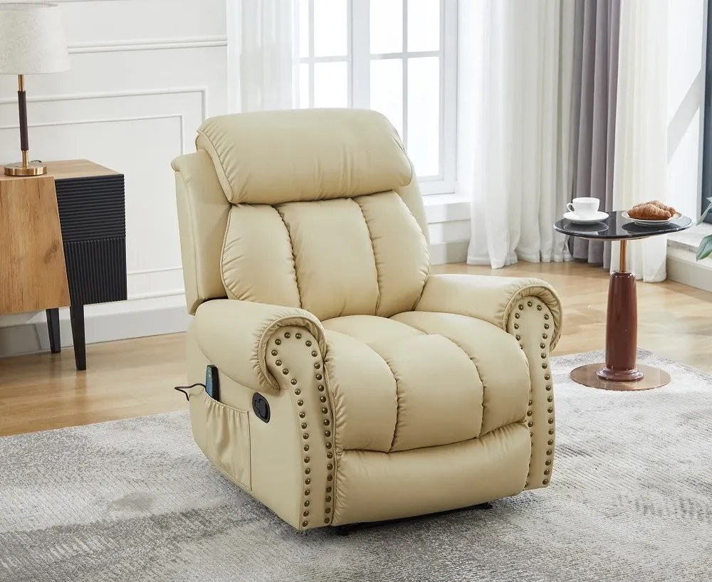 Fotoliu Masaj si Incalzire, Recliner, suport picioare extensibil, Air PU Premium, Bej deschis