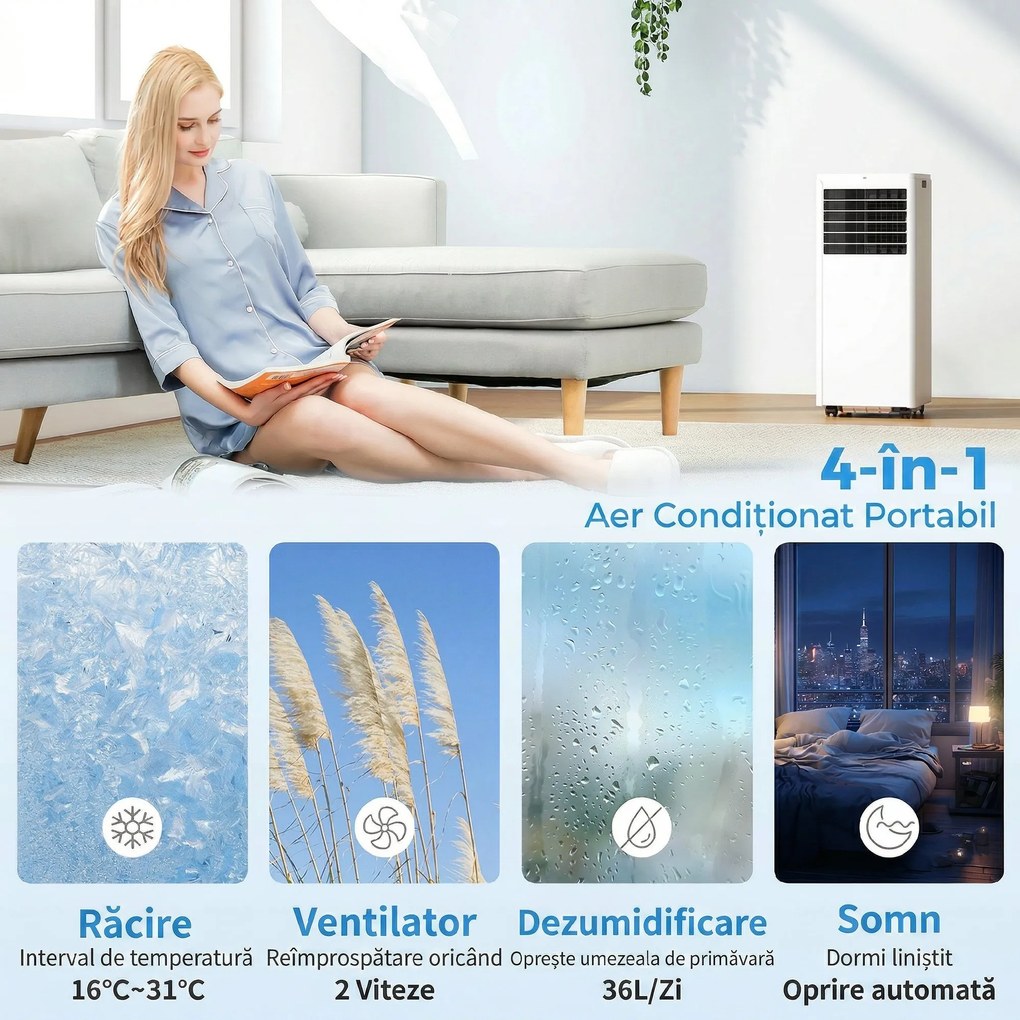 HOMCOM Aparat de Aer Condiționat Portabil 7000 BTU, Unitate 4-în-1 cu Răcire, Dezumidificator, Ventilator, Mod Noapte | Aosom Romania