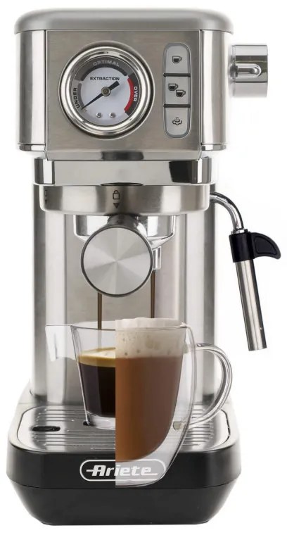 Espressor manual Ariete ESPRESSO METAL SLIM 1381/10, 1300W, 15 bar, 1.1 L, Manometru, Cafea macinata si doze ESE,  Inox