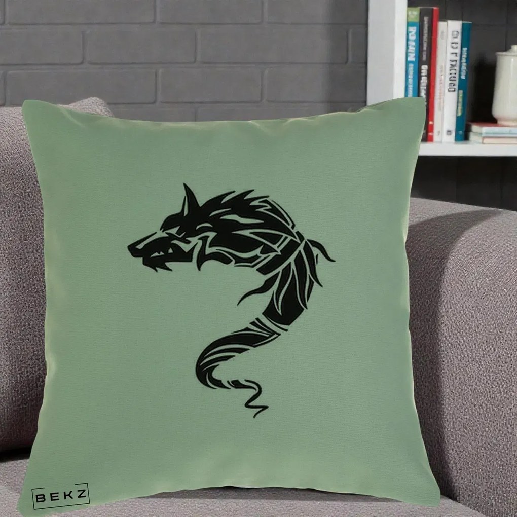 Perna Decorativa Lup Tribal Alb-Negru, 40x40 cm, Verde, Husa Detasabila, Perna Inclusa, BEKZ®