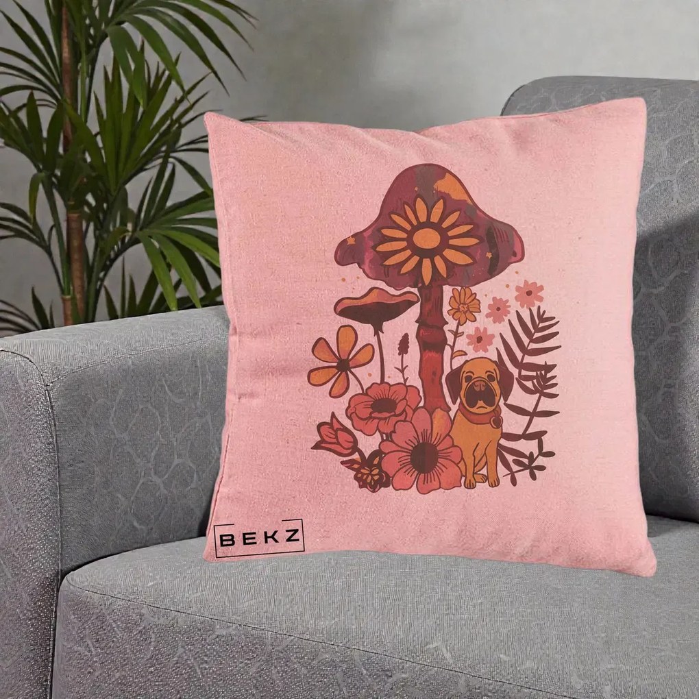 Perna Decorativa Ciuperca Caine Boho, 40x40 cm, Roz, Husa Detasabila, Perna Inclusa, BEKZ®